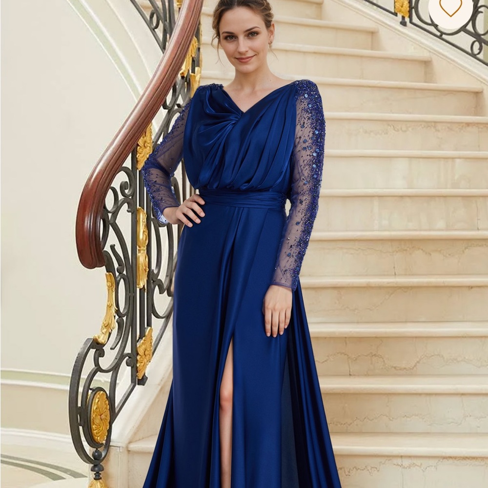 MOB Blue Long Sleeve Cowl Neck Gown for Wedding Guest